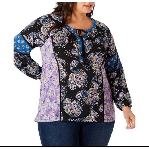 Style & Co. Womens Top Plus Size Paisley Print Split Tie-Neck 1X NWT - Picture 1 of 8